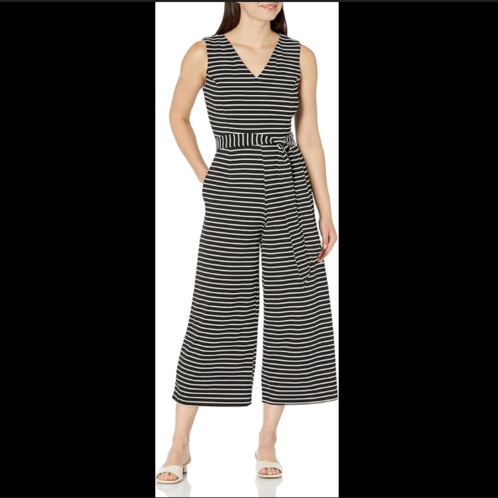 Calvin Klein-black /white striped jumpsuit w/belt 
Zipper on back